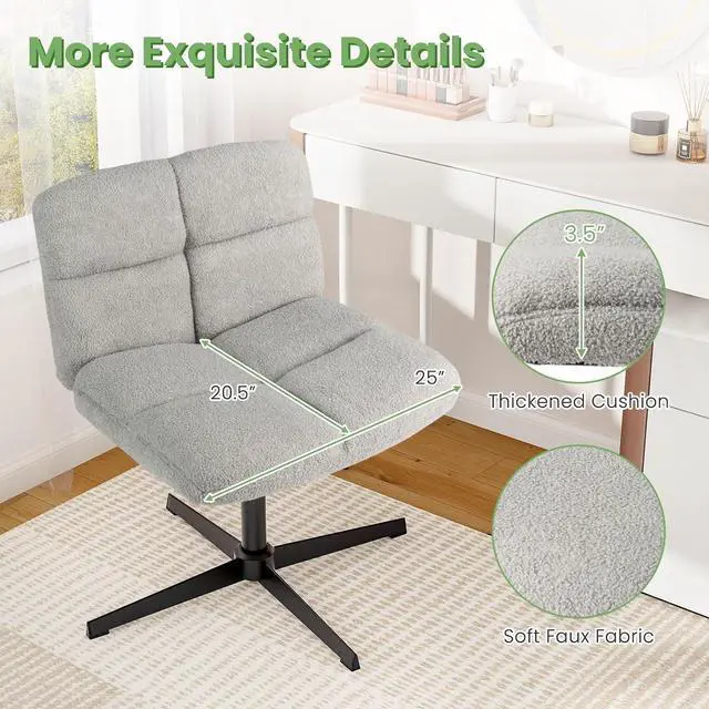 Alt view image 7 of 7 - Criss Cross Chair, Armless Cross Legged Office Chair, Faux Fur Adjustable Swivel Ergonomic Desk Seat No Wheels, Modern Wide Makeup Task Vanity Chair for Home, Light Gray