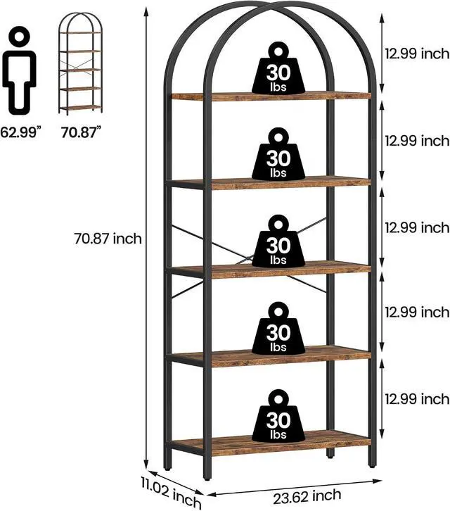 Alt view image 2 of 7 - 5 Tier Bookshelf Arched Bookcase Modern Standing Bookshelves Tall Display Racks Metal Book Shelf for Bedroom, Living Room, Home Office