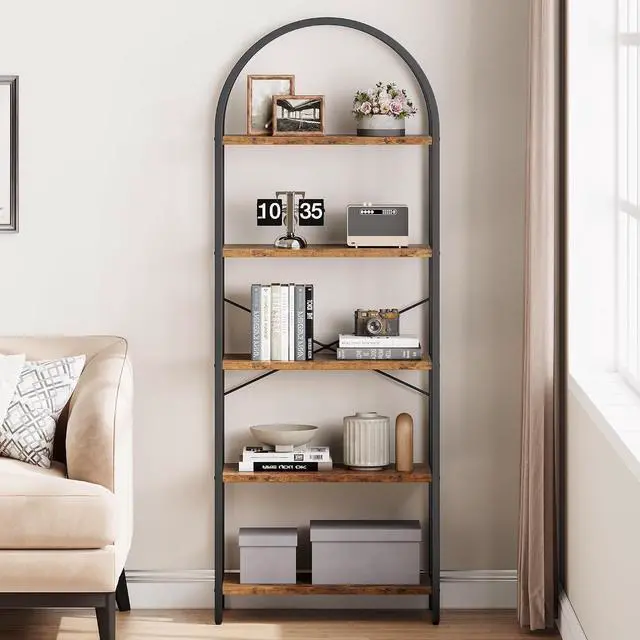 Alt view image 4 of 7 - 5 Tier Bookshelf Arched Bookcase Modern Standing Bookshelves Tall Display Racks Metal Book Shelf for Bedroom, Living Room, Home Office