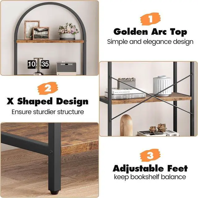 Alt view image 5 of 7 - 5 Tier Bookshelf Arched Bookcase Modern Standing Bookshelves Tall Display Racks Metal Book Shelf for Bedroom, Living Room, Home Office