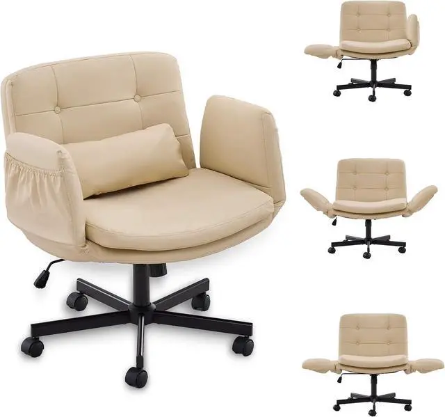 Main image of Criss Cross Chair with Wheels & Adjustable Arms, Wide Seat Faux Leather Office Desk Chair, Cross Legged Swivel Computer Chair for Home Office, Makeup Vanity, Small Spaces, Beige