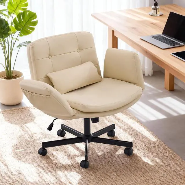 Alt view image 2 of 7 - Criss Cross Chair with Wheels & Adjustable Arms, Wide Seat Faux Leather Office Desk Chair, Cross Legged Swivel Computer Chair for Home Office, Makeup Vanity, Small Spaces, Beige