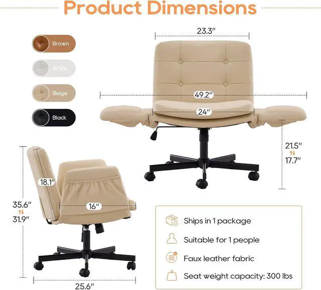 Alt view image 3 of 7 - Criss Cross Chair with Wheels & Adjustable Arms, Wide Seat Faux Leather Office Desk Chair, Cross Legged Swivel Computer Chair for Home Office, Makeup Vanity, Small Spaces, Beige
