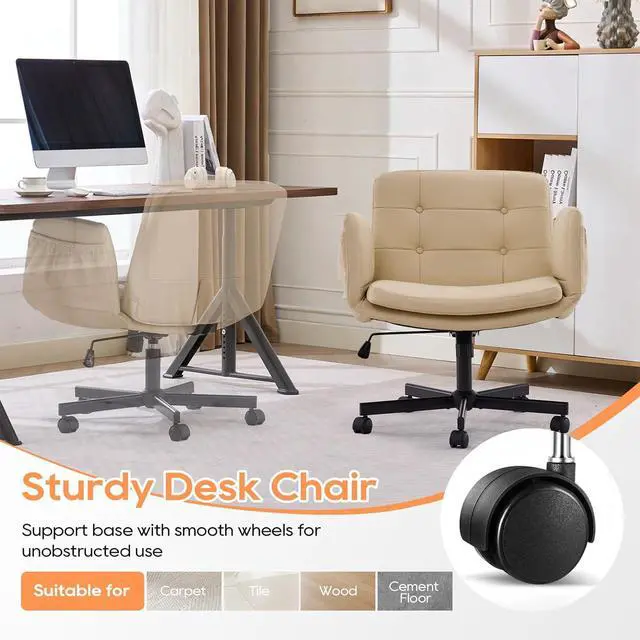 Alt view image 5 of 7 - Criss Cross Chair with Wheels & Adjustable Arms, Wide Seat Faux Leather Office Desk Chair, Cross Legged Swivel Computer Chair for Home Office, Makeup Vanity, Small Spaces, Beige