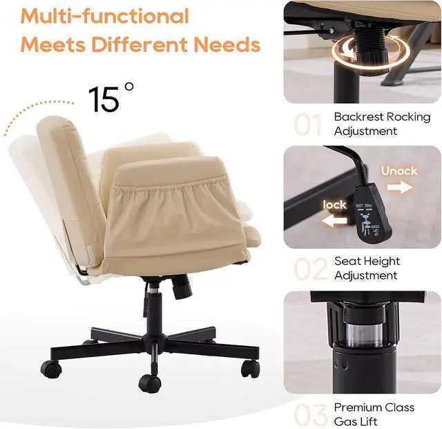 Alt view image 6 of 7 - Criss Cross Chair with Wheels & Adjustable Arms, Wide Seat Faux Leather Office Desk Chair, Cross Legged Swivel Computer Chair for Home Office, Makeup Vanity, Small Spaces, Beige