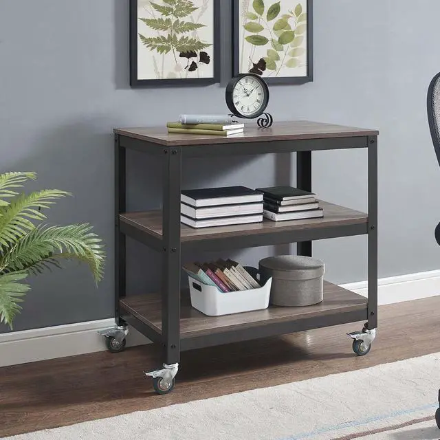 Alt view image 2 of 6 - Vivify Industrial Modern Three Tiered Serving Stand Rolling Cart in Gray Walnut