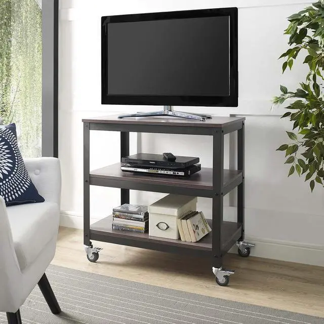 Alt view image 6 of 6 - Vivify Industrial Modern Three Tiered Serving Stand Rolling Cart in Gray Walnut