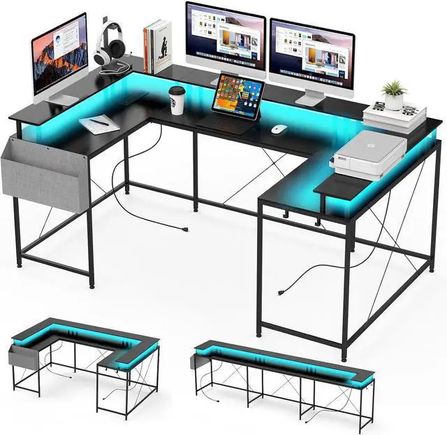 Main image of U-Shaped Table, Reversible L-Shaped Computer Gaming Table, Large Corner Table with LED Light Strip, Power Outlet, Monitor Stand, Storage Shelf for Home Office - Black Willow