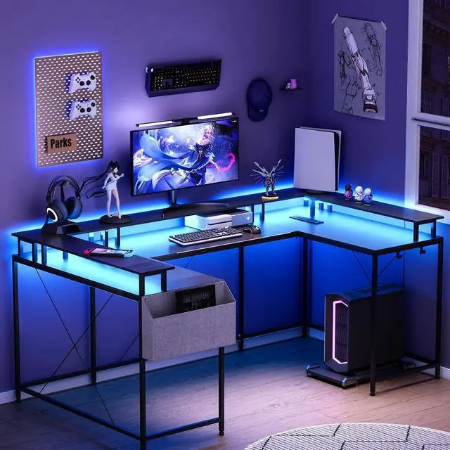 Alt view image 2 of 7 - U-Shaped Table, Reversible L-Shaped Computer Gaming Table, Large Corner Table with LED Light Strip, Power Outlet, Monitor Stand, Storage Shelf for Home Office - Black Willow