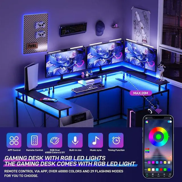 Alt view image 4 of 7 - U-Shaped Table, Reversible L-Shaped Computer Gaming Table, Large Corner Table with LED Light Strip, Power Outlet, Monitor Stand, Storage Shelf for Home Office - Black Willow