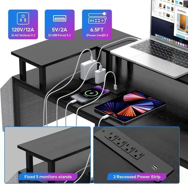 Alt view image 5 of 7 - U-Shaped Table, Reversible L-Shaped Computer Gaming Table, Large Corner Table with LED Light Strip, Power Outlet, Monitor Stand, Storage Shelf for Home Office - Black Willow