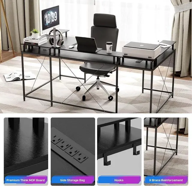 Alt view image 6 of 7 - U-Shaped Table, Reversible L-Shaped Computer Gaming Table, Large Corner Table with LED Light Strip, Power Outlet, Monitor Stand, Storage Shelf for Home Office - Black Willow
