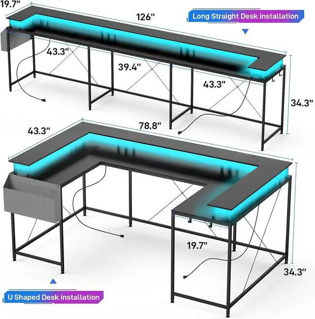 Alt view image 3 of 7 - U-Shaped Table, Reversible L-Shaped Computer Gaming Table, Large Corner Table with LED Light Strip, Power Outlet, Monitor Stand, Storage Shelf for Home Office - Black Willow