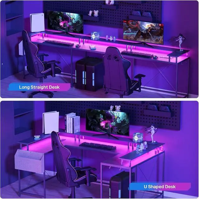Alt view image 7 of 7 - U-Shaped Table, Reversible L-Shaped Computer Gaming Table, Large Corner Table with LED Light Strip, Power Outlet, Monitor Stand, Storage Shelf for Home Office - Black Willow