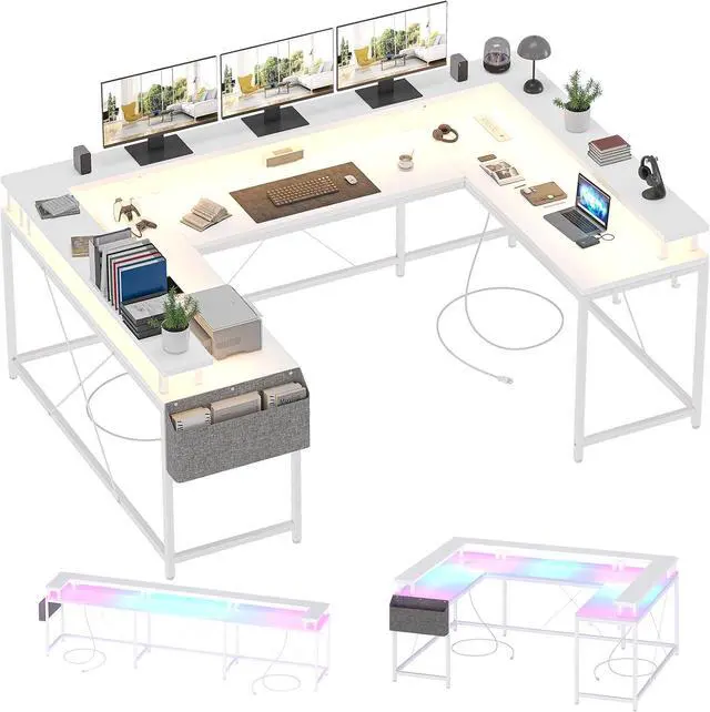 Main image of U-Shaped Table, Reversible L-Shaped Computer Gaming Table, Large Corner Table with LED Light Strip, Power Outlet, Monitor Stand, Storage Shelf for Home Office - White Willow