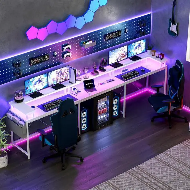 Alt view image 2 of 7 - U-Shaped Table, Reversible L-Shaped Computer Gaming Table, Large Corner Table with LED Light Strip, Power Outlet, Monitor Stand, Storage Shelf for Home Office - White Willow
