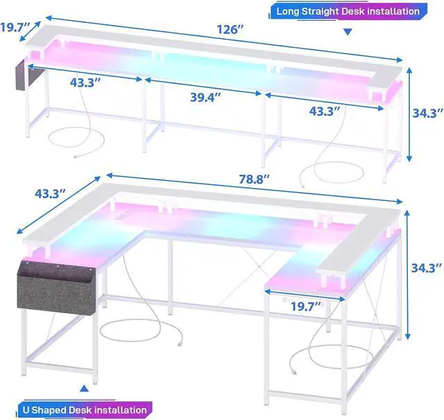 Alt view image 3 of 7 - U-Shaped Table, Reversible L-Shaped Computer Gaming Table, Large Corner Table with LED Light Strip, Power Outlet, Monitor Stand, Storage Shelf for Home Office - White Willow