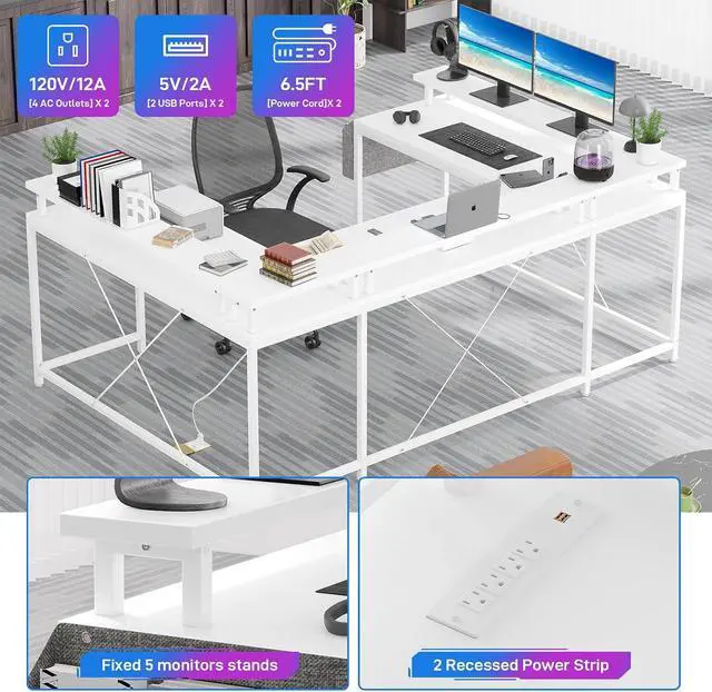 Alt view image 5 of 7 - U-Shaped Table, Reversible L-Shaped Computer Gaming Table, Large Corner Table with LED Light Strip, Power Outlet, Monitor Stand, Storage Shelf for Home Office - White Willow