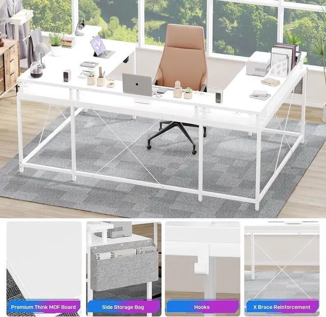 Alt view image 6 of 7 - U-Shaped Table, Reversible L-Shaped Computer Gaming Table, Large Corner Table with LED Light Strip, Power Outlet, Monitor Stand, Storage Shelf for Home Office - White Willow