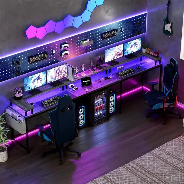 Alt view image 2 of 7 - U-Shaped Table, Reversible L-Shaped Computer Gaming Table, Large Corner Table with LED Light Strip, Power Outlet, Monitor Stand, Storage Shelf for Home Office - Gray Oak