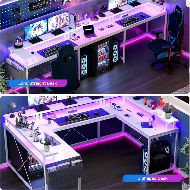 Alt view image 7 of 7 - U-Shaped Table, Reversible L-Shaped Computer Gaming Table, Large Corner Table with LED Light Strip, Power Outlet, Monitor Stand, Storage Shelf for Home Office - White Willow