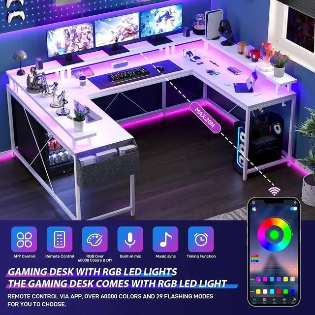 Alt view image 4 of 7 - U-Shaped Table, Reversible L-Shaped Computer Gaming Table, Large Corner Table with LED Light Strip, Power Outlet, Monitor Stand, Storage Shelf for Home Office - White Willow