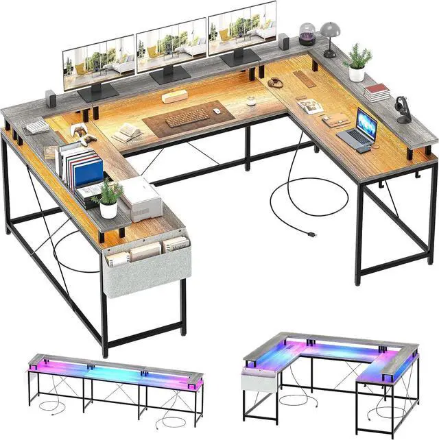 Main image of U-Shaped Table, Reversible L-Shaped Computer Gaming Table, Large Corner Table with LED Light Strip, Power Outlet, Monitor Stand, Storage Shelf for Home Office - Gray Oak