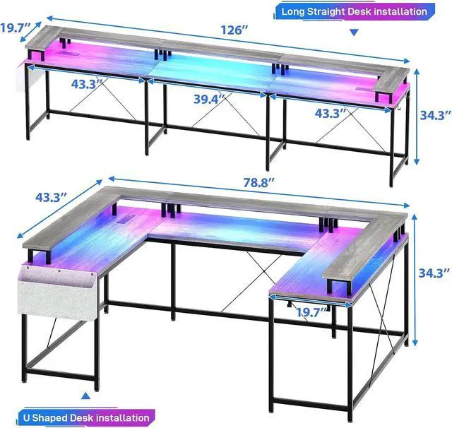 Alt view image 3 of 7 - U-Shaped Table, Reversible L-Shaped Computer Gaming Table, Large Corner Table with LED Light Strip, Power Outlet, Monitor Stand, Storage Shelf for Home Office - Gray Oak