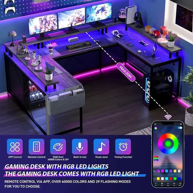 Alt view image 4 of 7 - U-Shaped Table, Reversible L-Shaped Computer Gaming Table, Large Corner Table with LED Light Strip, Power Outlet, Monitor Stand, Storage Shelf for Home Office - Gray Oak