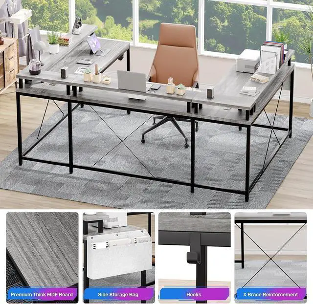 Alt view image 6 of 7 - U-Shaped Table, Reversible L-Shaped Computer Gaming Table, Large Corner Table with LED Light Strip, Power Outlet, Monitor Stand, Storage Shelf for Home Office - Gray Oak