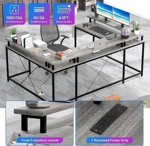 Alt view image 5 of 7 - U-Shaped Table, Reversible L-Shaped Computer Gaming Table, Large Corner Table with LED Light Strip, Power Outlet, Monitor Stand, Storage Shelf for Home Office - Gray Oak