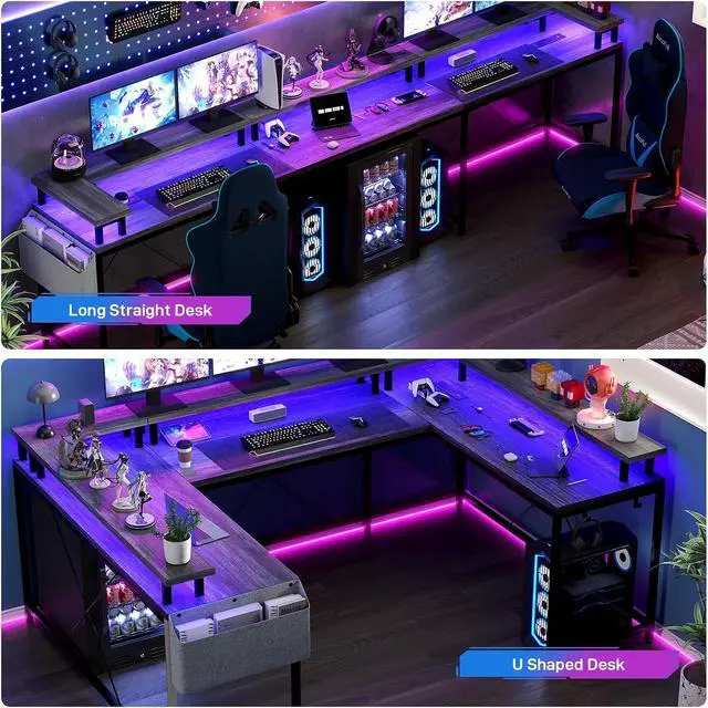 Alt view image 7 of 7 - U-Shaped Table, Reversible L-Shaped Computer Gaming Table, Large Corner Table with LED Light Strip, Power Outlet, Monitor Stand, Storage Shelf for Home Office - Gray Oak