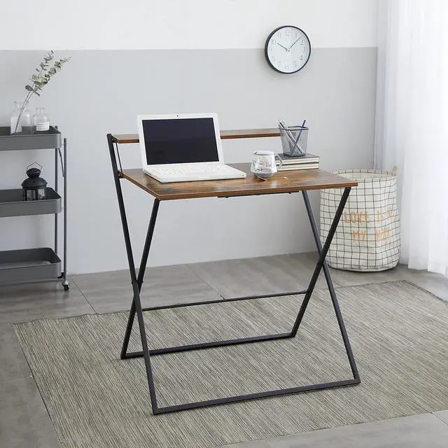 Alt view image 2 of 5 - Foldable 2 Tier Compact Computer Desk, Wood/Black