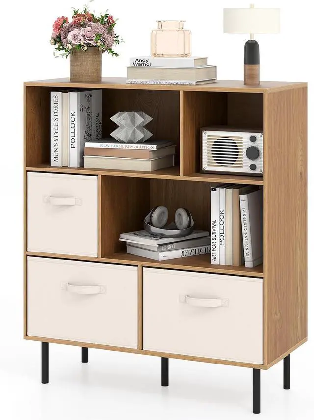 Main image of 6-Cube Bookcase, 3-Tier Wooden Storage Cabinet with 3 Removable Folding Fabric Drawers & 2 Anti-tip Devices, Open Freestanding Bookshelf Display Cabinet Organizer for Home Office (Natural)