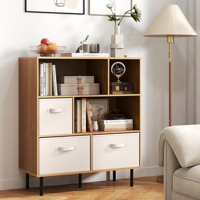 Alt view image 2 of 7 - 6-Cube Bookcase, 3-Tier Wooden Storage Cabinet with 3 Removable Folding Fabric Drawers & 2 Anti-tip Devices, Open Freestanding Bookshelf Display Cabinet Organizer for Home Office (Natural)