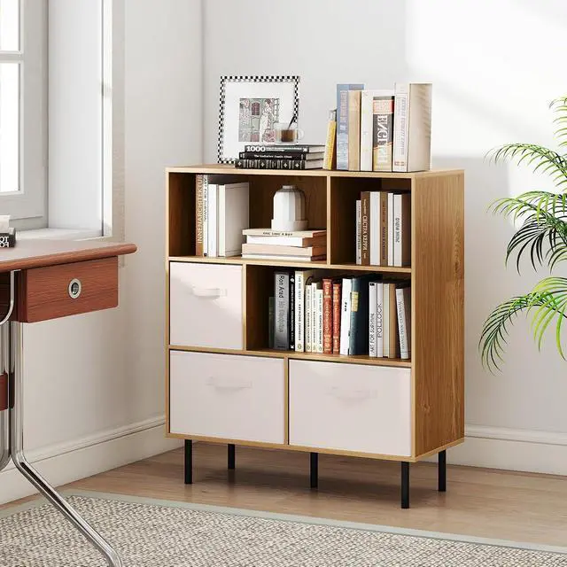 Alt view image 4 of 7 - 6-Cube Bookcase, 3-Tier Wooden Storage Cabinet with 3 Removable Folding Fabric Drawers & 2 Anti-tip Devices, Open Freestanding Bookshelf Display Cabinet Organizer for Home Office (Natural)