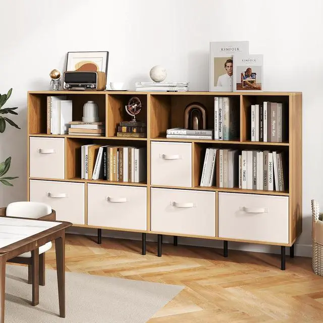 Alt view image 5 of 7 - 6-Cube Bookcase, 3-Tier Wooden Storage Cabinet with 3 Removable Folding Fabric Drawers & 2 Anti-tip Devices, Open Freestanding Bookshelf Display Cabinet Organizer for Home Office (Natural)