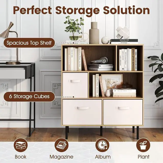 Alt view image 6 of 7 - 6-Cube Bookcase, 3-Tier Wooden Storage Cabinet with 3 Removable Folding Fabric Drawers & 2 Anti-tip Devices, Open Freestanding Bookshelf Display Cabinet Organizer for Home Office (Natural)