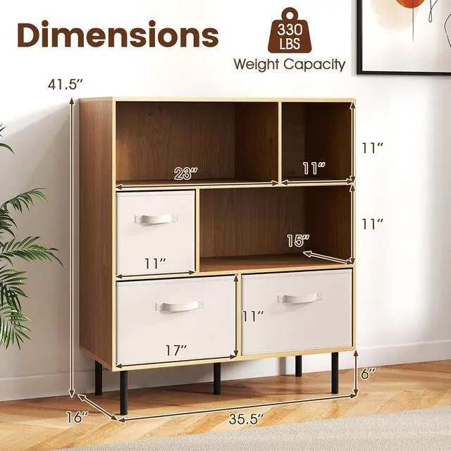 Alt view image 3 of 7 - 6-Cube Bookcase, 3-Tier Wooden Storage Cabinet with 3 Removable Folding Fabric Drawers & 2 Anti-tip Devices, Open Freestanding Bookshelf Display Cabinet Organizer for Home Office (Natural)