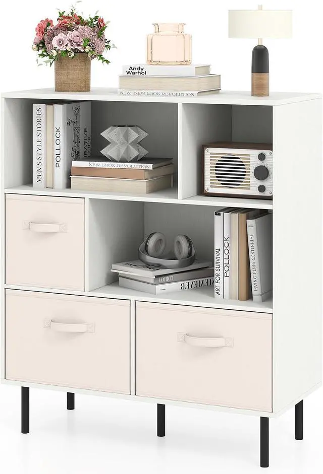 Main image of 6-Cube Bookcase, 3-Tier Wooden Storage Cabinet with 3 Removable Folding Fabric Drawers & 2 Anti-tip Devices, Open Freestanding Bookshelf Display Cabinet Organizer for Home Office (White)