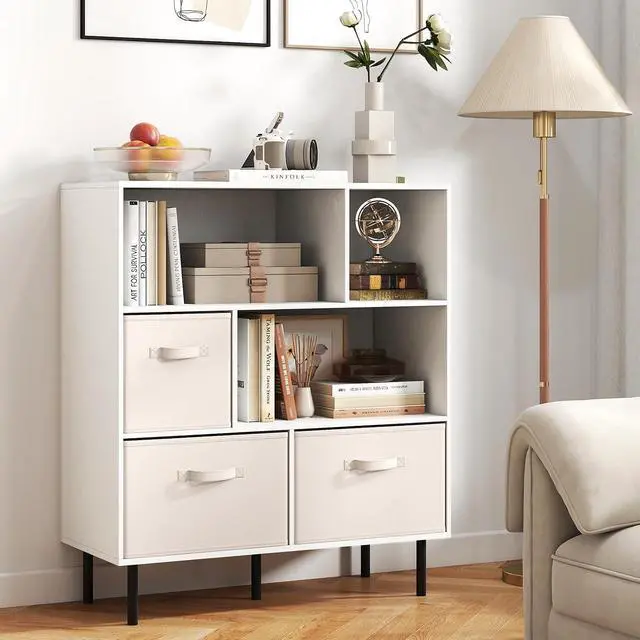 Alt view image 2 of 7 - 6-Cube Bookcase, 3-Tier Wooden Storage Cabinet with 3 Removable Folding Fabric Drawers & 2 Anti-tip Devices, Open Freestanding Bookshelf Display Cabinet Organizer for Home Office (White)