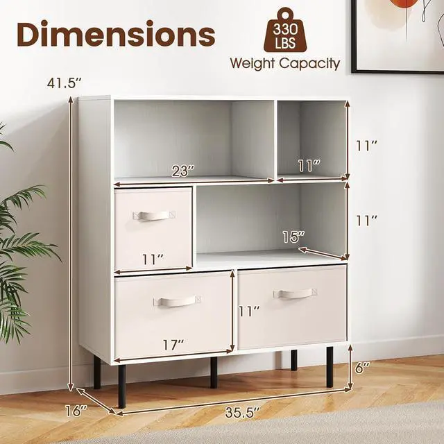 Alt view image 3 of 7 - 6-Cube Bookcase, 3-Tier Wooden Storage Cabinet with 3 Removable Folding Fabric Drawers & 2 Anti-tip Devices, Open Freestanding Bookshelf Display Cabinet Organizer for Home Office (White)
