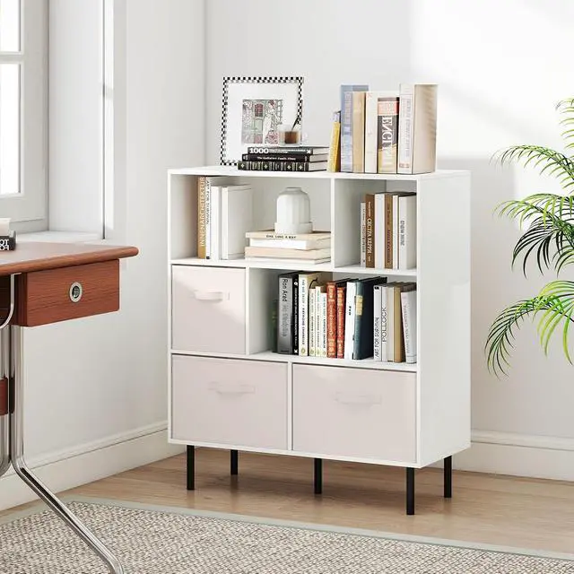 Alt view image 4 of 7 - 6-Cube Bookcase, 3-Tier Wooden Storage Cabinet with 3 Removable Folding Fabric Drawers & 2 Anti-tip Devices, Open Freestanding Bookshelf Display Cabinet Organizer for Home Office (White)