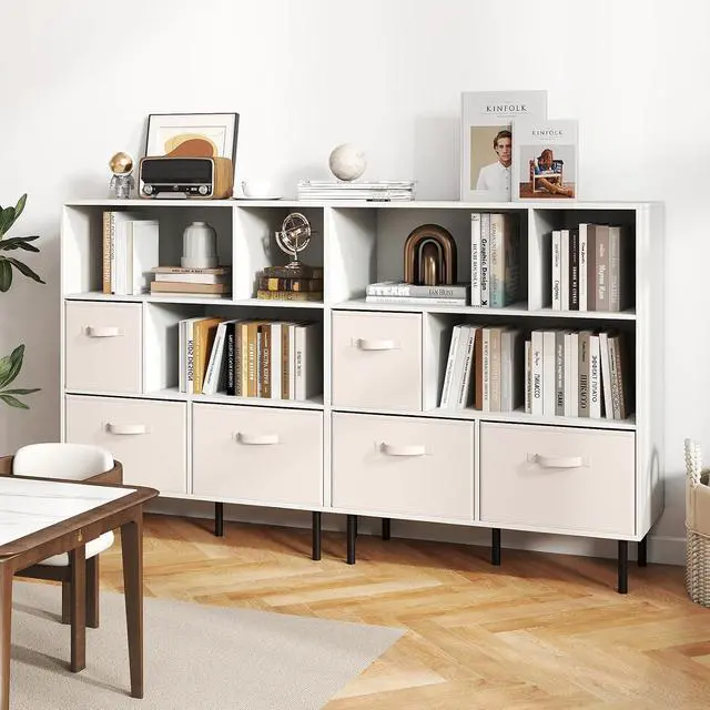 Alt view image 5 of 7 - 6-Cube Bookcase, 3-Tier Wooden Storage Cabinet with 3 Removable Folding Fabric Drawers & 2 Anti-tip Devices, Open Freestanding Bookshelf Display Cabinet Organizer for Home Office (White)