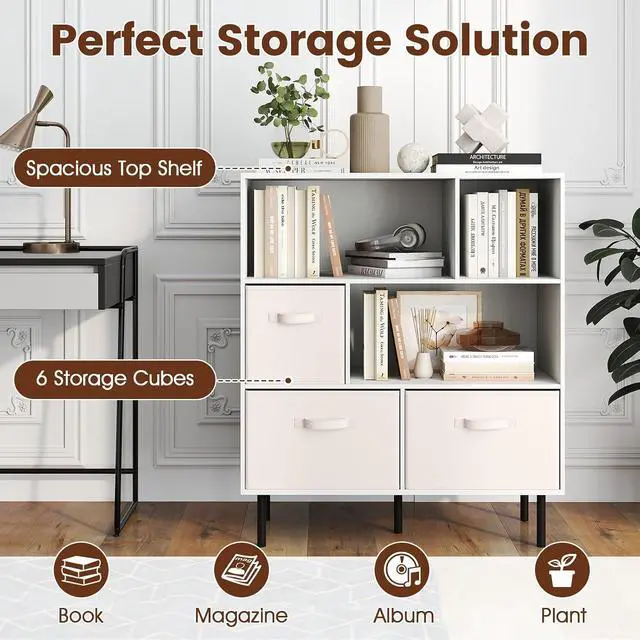 Alt view image 6 of 7 - 6-Cube Bookcase, 3-Tier Wooden Storage Cabinet with 3 Removable Folding Fabric Drawers & 2 Anti-tip Devices, Open Freestanding Bookshelf Display Cabinet Organizer for Home Office (White)