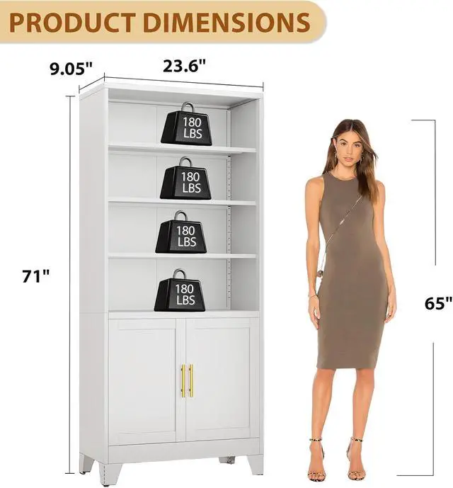 Alt view image 2 of 14 - 71" Tall Bookshelves and Bookcases with Doors, 6 Tier Metal Bookcase with Storage and Adjustable Shelf, Floor Standing Display Storage Shelves for Home, Office, Living Room