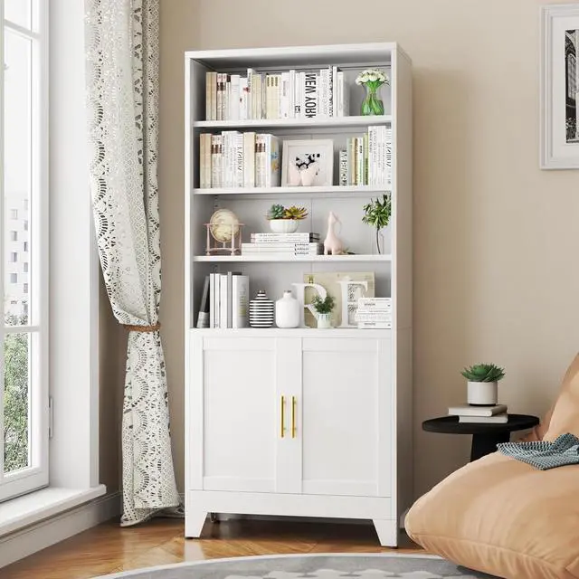 Alt view image 3 of 14 - 71" Tall Bookshelves and Bookcases with Doors, 6 Tier Metal Bookcase with Storage and Adjustable Shelf, Floor Standing Display Storage Shelves for Home, Office, Living Room