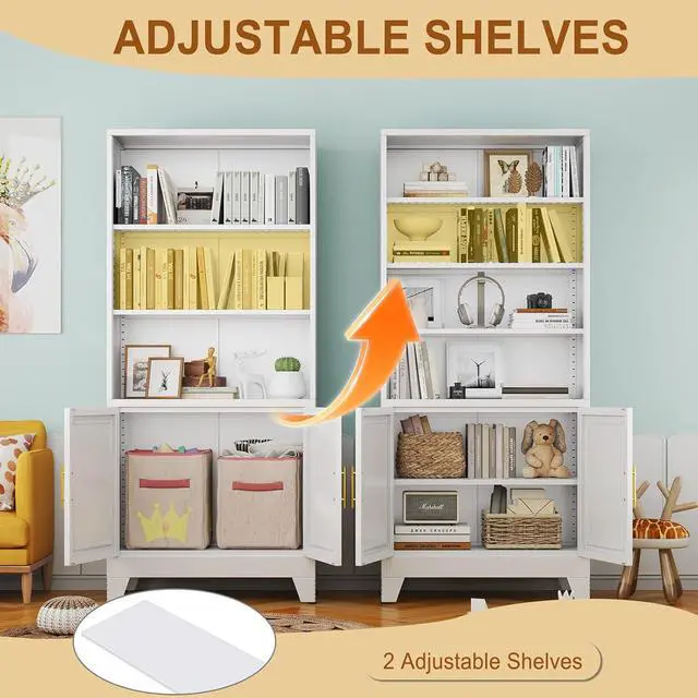 Alt view image 4 of 14 - 71" Tall Bookshelves and Bookcases with Doors, 6 Tier Metal Bookcase with Storage and Adjustable Shelf, Floor Standing Display Storage Shelves for Home, Office, Living Room