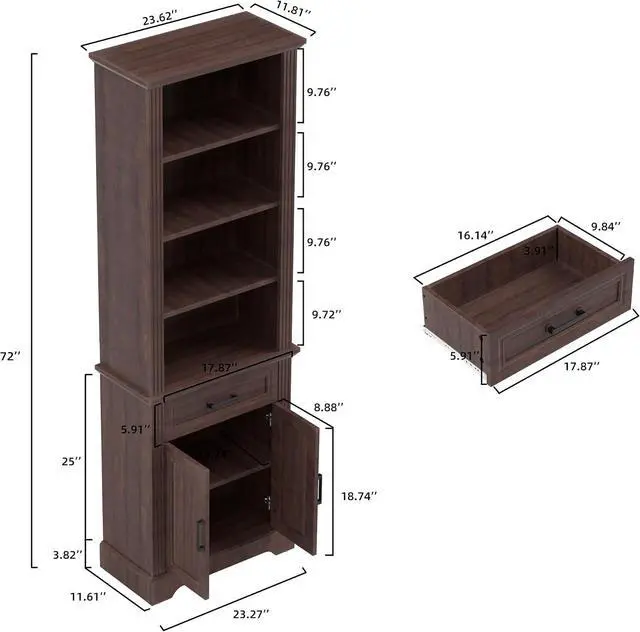 Alt view image 2 of 14 - 4-Tier Open Bookshelf with Drawer, Freestanding Farmhouse Bookcase with Adjustable Shelves, 72" Tall Display Storage Shelves for Home, Office(Brown)