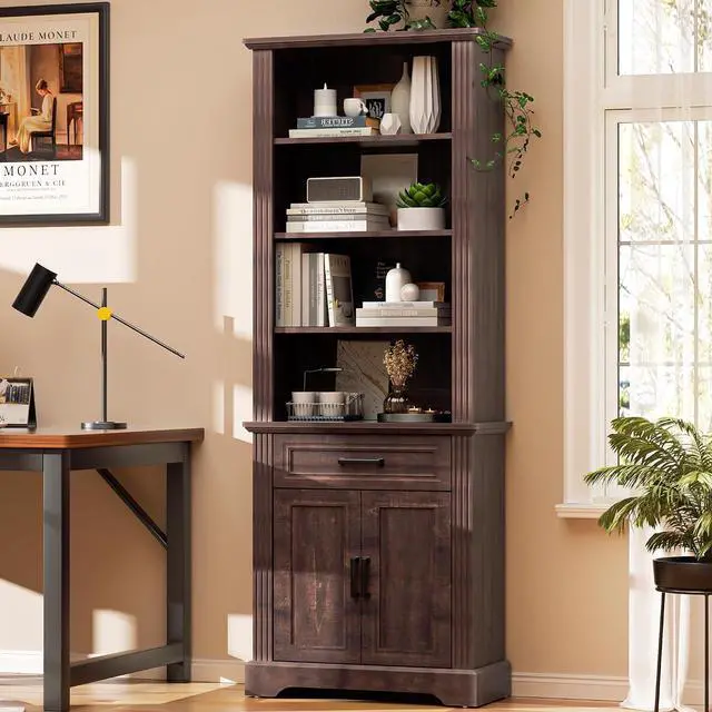 Main image of 4-Tier Open Bookshelf with Drawer, Freestanding Farmhouse Bookcase with Adjustable Shelves, 72" Tall Display Storage Shelves for Home, Office(Brown)